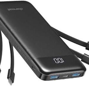 charmast 10000mAh Portable Charger,Built-in 4 Cables,6 Outputs/3 Inputs,3A Fast Charging,Compatible with iPhone,iPad,Samsung,Pixel,LG