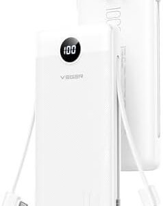 VEGER All in One Travel Portable Charger with Built-in AC Plug & Cables, 10000mAh Slim Power Bank Battery Pack, 15W Fast Charging Compatible with iPhone, Samsung, Android-White