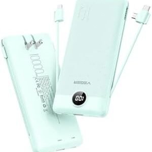 VEGER Portable Charger with Built-in AC Plug and Cables, All in One 10000mAh Ultra Slim Power Bank Emergency Fast Charging for Travel Battery Pack Compatible with iPhone, Samsung, Android, Green