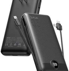 VRURC Portable Charger 20000mAh, Fast Charging Power Bank USB C,4 Output 2 Input Travel Essentials Charging Bank Equipped with LED Display,Built-in Wall Plug and Cables,Phone Charger Battery,Black