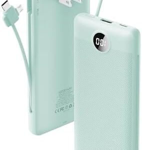VRURC Portable Charger Built-in Cables and AC Wall Plug, USB C Power Bank 10000mAh, Travel Battery Portable Phone Charger Compact Lightweight External Battery Pack for Smart Phones, Tablets etc-Green