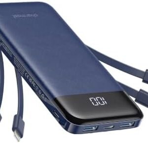 charmast 10000mAh Portable Charger,Built-in 4 Cables,6 Outputs/3 Inputs,3A Fast Charging,Compatible with iPhone,iPad,Samsung,Pixel,LG