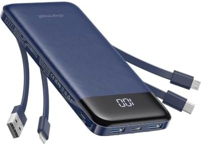 charmast 10000mAh Portable Charger,Built-in 4 Cables,6 Outputs/3 Inputs,3A Fast Charging,Compatible with iPhone,iPad,Samsung,Pixel,LG