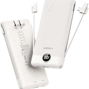 VEGER Portable Charger with Built-in AC Plug and Cables, All in One 10000mAh Ultra Slim Power Bank Emergency Fast Charging for Travel Battery Pack Compatible with iPhone, Samsung, Android, Coffee
