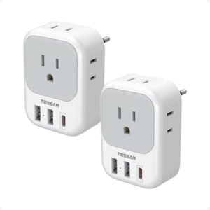 TESSAN 2 Pack European Travel Plug Adapter, Europe Power Converter 4 Outlets 3 USB(1 USB C PD 20W), Type C International Adaptor to Italy Spain France Portugal Iceland Germany, EU Travel Essentials