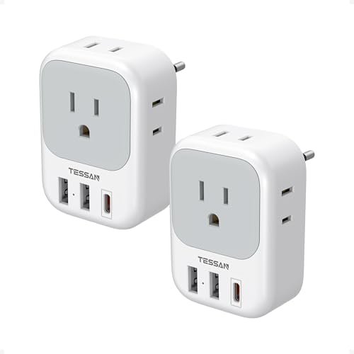 TESSAN 2 Pack European Travel Plug Adapter, Europe Power Converter 4 Outlets 3 USB(1 USB C PD 20W), Type C International Adaptor to Italy Spain France Portugal Iceland Germany, EU Travel Essentials