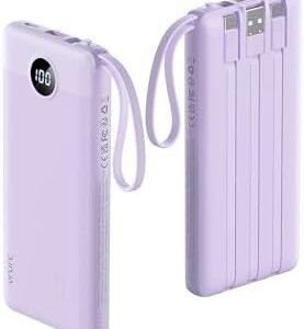 VRURC Portable Charger Power Bank, USB C Battery Pack 10000mAh, Flight-Safe Travel Essentials, 5 Outputs 2 Inputs Slim Phone Charging Bank Built-in Cables for Multi Devices-Lavender(1 Pack)