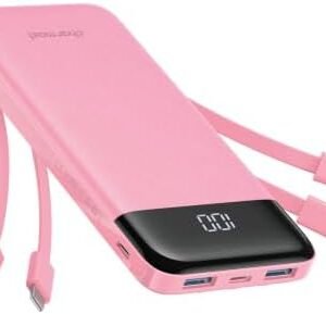 charmast 10000mAh Portable Charger,Built-in 4 Cables,6 Outputs/3 Inputs,3A Fast Charging,Compatible with iPhone,iPad,Samsung,Pixel,LG