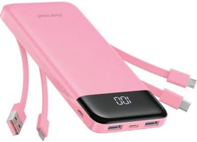 charmast 10000mAh Portable Charger,Built-in 4 Cables,6 Outputs/3 Inputs,3A Fast Charging,Compatible with iPhone,iPad,Samsung,Pixel,LG