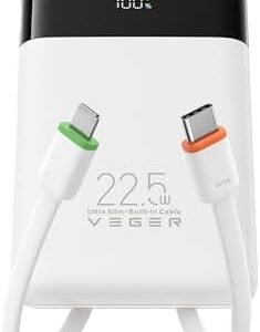 VEGER 22.5W Fast Charging Portable Charger, Slim 10000mAh Power Bank with Built-in Cables, Small USB C Battery Pack for iPhone iPad Samsung Galaxy Pixel LG Moto, Flight Safe, Travel Essential, White