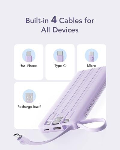 VRURC Portable Charger Power Bank, USB C Battery Pack 10000mAh, Flight-Safe Travel Essentials, 5 Outputs 2 Inputs Slim Phone Charging Bank Built-in Cables for Multi Devices-Lavender(1 Pack) - Image 3