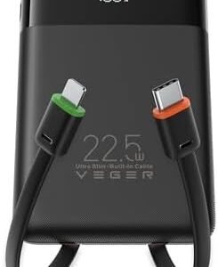 VEGER 22.5W Fast Charging Portable Charger, Slim 10000mAh Power Bank with Built-in Cables, Small USB C Battery Pack for iPhone iPad Samsung Galaxy Pixel LG Moto, Flight Safe, Travel Essential, Black