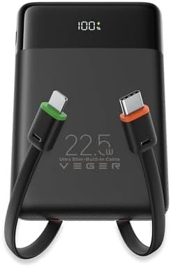 VEGER 22.5W Fast Charging Portable Charger, Slim 10000mAh Power Bank with Built-in Cables, Small USB C Battery Pack for iPhone iPad Samsung Galaxy Pixel LG Moto, Flight Safe, Travel Essential, Black