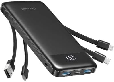 charmast 10000mAh Portable Charger,Built-in 4 Cables,6 Outputs/3 Inputs,3A Fast Charging,Compatible with iPhone,iPad,Samsung,Pixel,LG