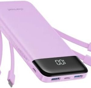 charmast 10000mAh Portable Charger,Built-in 4 Cables,6 Outputs/3 Inputs,3A Fast Charging,Compatible with iPhone,iPad,Samsung,Pixel,LG