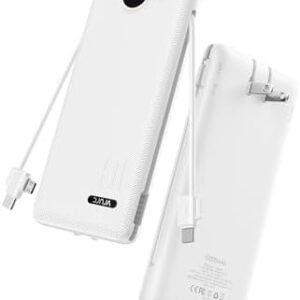 VRURC Portable Charger Power Bank - 10000mAh Fast Charging 22.5W PD 20W Slim Portable Charger Built in Cables,Power Bank with Cords,USB C Portable Phone Charger Travel Accessories -White