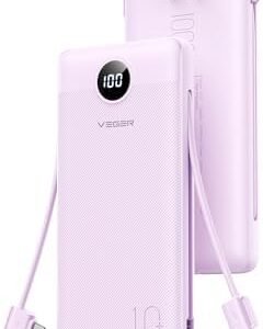 VEGER AC Wall Plug Portable Charger, 10000mah Slim Portable Charger Built in Cables, USB C Power Bank 15W Fast Charging, Travel Essential Battery Pack Compatible with iPhone, Android and More(Purple)