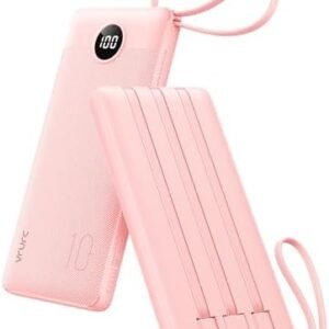 VRURC Portable Charger Power Bank, Built-in 4 Cables & 2 Ports,10000mAh Slim Battery Pack with LED Display, Travel Essential USB C Portable Phone Charger for All Cell Phones Devices-Pink(1 Pack)