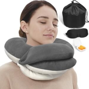 BUYUE Travel Neck Pillows for Airplanes, Memory Foam 360° Head Support Sleep for Long Flight, Skin-Friendly & Breathable, Kit with Eye Mask, Earplugs and Storage Bag (Adult, Grey, 90+ lbs)
