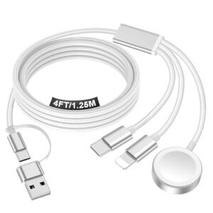 Travel Essentials for Apple Watch Charger,iPhone Charger,3 in 2 Type C/Lightning/Magnetic Travel Charging Cable,Portable Multi Charging Cable for Apple Watch, iPhone 17‑11,Samsung S26,Car,Camera–4ft