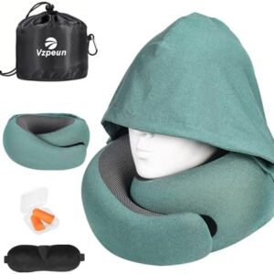 Travel Pillow - Hooded Neck Pillow Airplane Memory Foam Filling for Plane, Office, Cars Sleeping, Road Trip, Long Flights, Airplane Travel Essentials, Includes Eye Mask & Earplugs (Green)