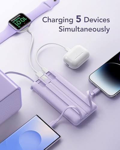 VRURC Portable Charger Power Bank, USB C Battery Pack 10000mAh, Flight-Safe Travel Essentials, 5 Outputs 2 Inputs Slim Phone Charging Bank Built-in Cables for Multi Devices-Lavender(1 Pack) - Image 8