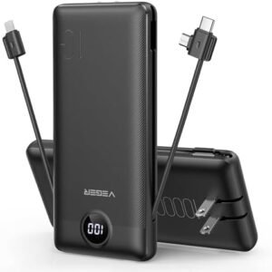 VEGER Portable Charger Power Bank with Built-in AC Plug and Cables, All in One 10000mAh Ultra Slim Travel Essentials, Fast Charging Battery Pack Compatible with iPhone, Samsung, Android, Black