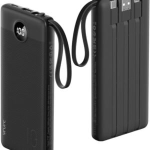 VRURC Portable Charger, 22.5W Fast Charging Power Bank Built‑in 4 Cables, 10000mAh Slim Lightweight Travel Battery Pack for iPhone, Samsung & Multi Devices, Pocket‑Friendly with Lanyard(1 Pack)