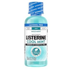 Listerine Cool Mint Alcohol-Free Mild Mouthwash, Oral Rinse Kills 99.9% of Germs that Cause Bad Breath, Less Intense Taste, Mild Mint Flavor, 3.2 fl. oz