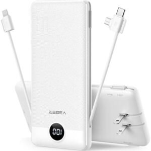 VEGER Portable Charger with Built-in AC Plug and Cables, All in One 10000mAh Ultra Slim Power Bank Travel Essentials, USB C External Battery Pack Compatible with iPhone, Samsung, More, White