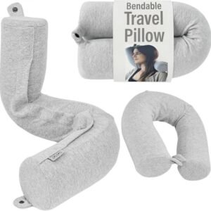 Dot&Dot Twist Memory Foam Travel Pillow, Bendable Neck Pillow for Airplane, Car and Home, 26-Inch Adjustable Roll with Washable Cotton Cover, Gray