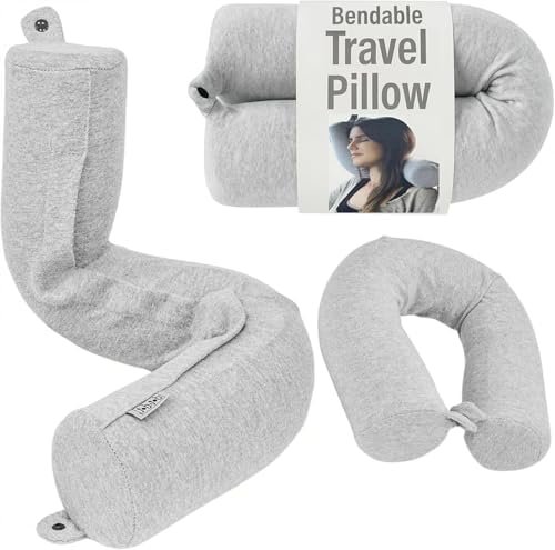Dot&Dot Twist Memory Foam Travel Pillow, Bendable Neck Pillow for Airplane, Car and Home, 26-Inch Adjustable Roll with Washable Cotton Cover, Gray