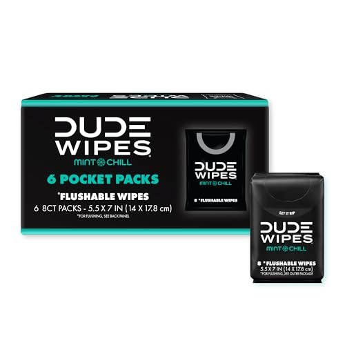 DUDE Wipes Mint Chill Pocket Packs - Travel Wipes - 6 Packs of 8 (48 Count) - On-The-Go Adult Flushable Wipes - Infused with Tea Tree Oil, Vitamin E, and Aloe - Septic and Sewer Safe - Image 7