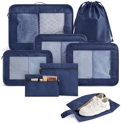 LIGHT FLIGHT 8 Set Packing Cubes for Travel, Durable Travel Essentials for Cruish Ship, Suitcase Organizer Packing Bags (8-Pack 1L+2M+1S+1Shoe bag+2Toiletry Bags+1Laundry Bag)