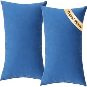 SweetSlubr Small Travel Pillows - 2 Pack, 7"x11" Mini Neck Pillow for Airplane & Long Flight, Machine Washable Headrest for Nap & Sleeping, Portable Soft Tiny Cushion for Lumbar, Knee, Ankle (Blue)