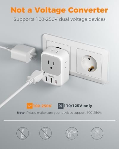 TESSAN 2 Pack European Travel Plug Adapter, Europe Power Converter 4 Outlets 3 USB(1 USB C PD 20W), Type C International Adaptor to Italy Spain France Portugal Iceland Germany, EU Travel Essentials - Image 6
