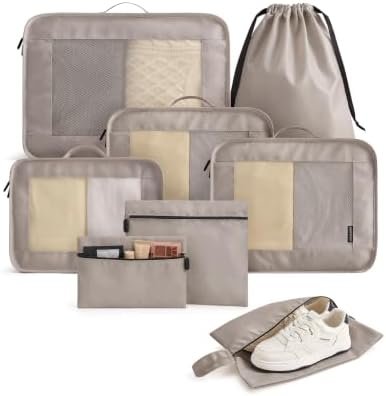 LIGHT FLIGHT 8 Set Packing Cubes for Travel, Durable Travel Essentials for Cruish Ship, Suitcase Organizer Packing Bags (8-Pack 1L+2M+1S+1Shoe bag+2Toiletry Bags+1Laundry Bag)