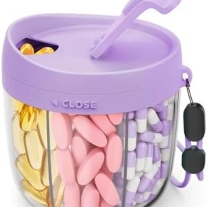 AMOOS Cute Pill Dispenser with 7 Large Compartments, Portable Pill Bottle Organizer with Wide Opening for Easy Use, Anti-Mix Pill Organizer for Travel, BPA-Free Pill Container, Purple