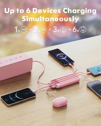 charmast 10000mAh Portable Charger,Built-in 4 Cables,6 Outputs/3 Inputs,3A Fast Charging,Compatible with iPhone,iPad,Samsung,Pixel,LG - Image 3