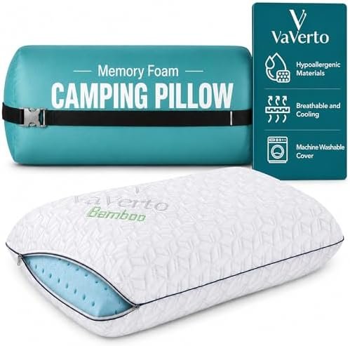 Vaverto Small Memory Foam Bed Pillow for Camping - Compressible Medium Firm, Breathable Cover, Machine Washable, Ideal Backpacking