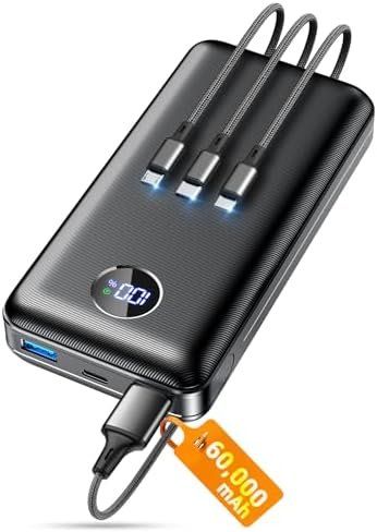 Portable Charger Power Bank, 60000mAh Battery Pack with 3 in 1 USB-C/iOS/Micro-USB Cable, 22.5W Fast Charging Portable Phone Charger, Travel Camping Essential Powerbank for iPhone 17/16 Samsung,Ebony