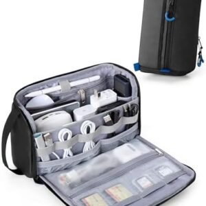 Smasrob Electronics Organizer Travel Case, Tech Bag Charger Pouch, Black | Water Resistant, Elastic Bands, for Cord, Cable, SIM Cards, Phone, Airpods