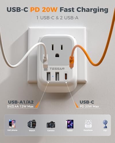 TESSAN 2 Pack European Travel Plug Adapter, Europe Power Converter 4 Outlets 3 USB(1 USB C PD 20W), Type C International Adaptor to Italy Spain France Portugal Iceland Germany, EU Travel Essentials - Image 4