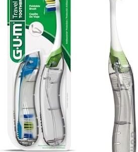 GUM Folding Travel Toothbrush for Adults, Soft-Bristled Compact Toothbrush with Tongue Scraper, 2 Count