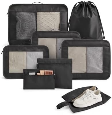 LIGHT FLIGHT 8 Set Packing Cubes for Travel, Durable Travel Essentials for Cruish Ship, Suitcase Organizer Packing Bags (8-Pack 1L+2M+1S+1Shoe bag+2Toiletry Bags+1Laundry Bag)