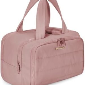 BAGSMART Travel Toiletry Bag, Lightweight Large Wide-open Travel Bag for Women, Puffy Cosmetic Makeup Bag Organizer with Handle for Accessories,Essentials, Toiletries, Dark Pink