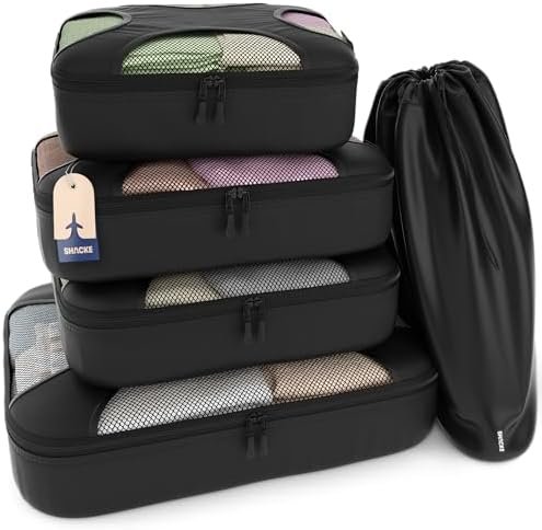 Shacke 5 Set Packing Cubes for Travel – Luggage Organizer & Suitcase Bags with Laundry Bag, Carry On Packing Organizer, Travel Accessories for Women Men (Pure Black)