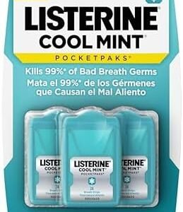 Listerine Travel Essentials Cool Mint PocketPaks Breath Strips, Travel Size Mini Mouthwash Breath Fresheners Party Favor Goodie Bag Strips Kill 99% of Bad Breath Germs, 3 Pack of 24 ct