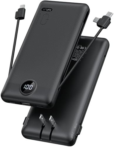 Portable Charger,Power Bank Built-in Cables and AC Wall Plug,VRURC USB C Portable Bank 10000mAh,Travel Essentials Phone Charger Compact Lightweight External Battery Pack for Smart Phones,Tablets-Black