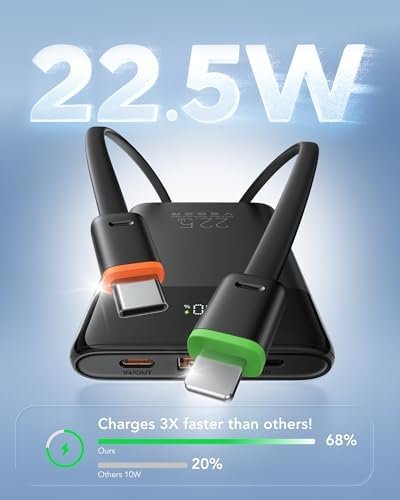 VEGER 22.5W Fast Charging Portable Charger, Slim 10000mAh Power Bank with Built-in Cables, Small USB C Battery Pack for iPhone iPad Samsung Galaxy Pixel LG Moto, Flight Safe, Travel Essential, Black - Image 3